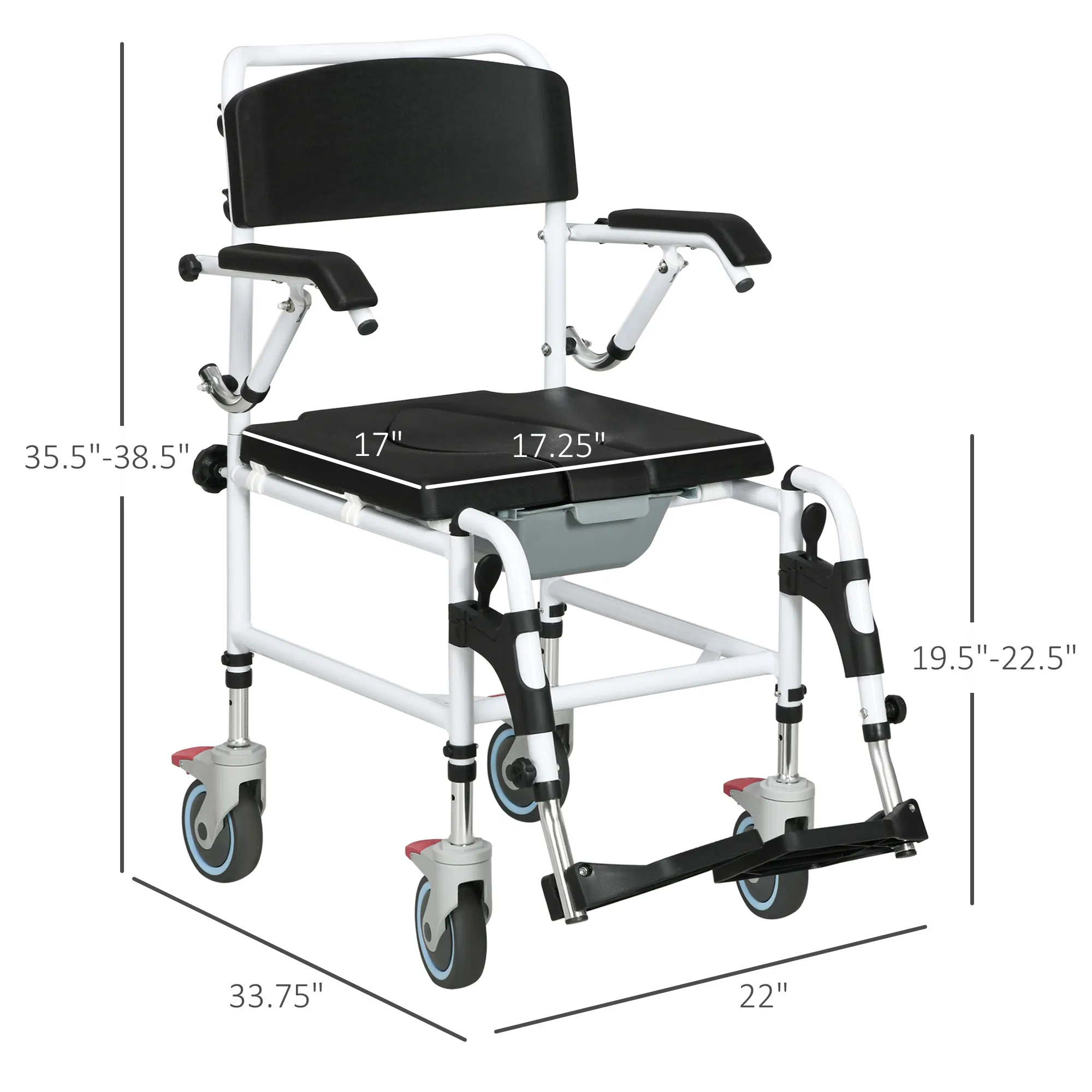 commode wheelchair, rolling shower wheelchair with wheels, rectangle detachable bucket & waterproof design, 300 lbs