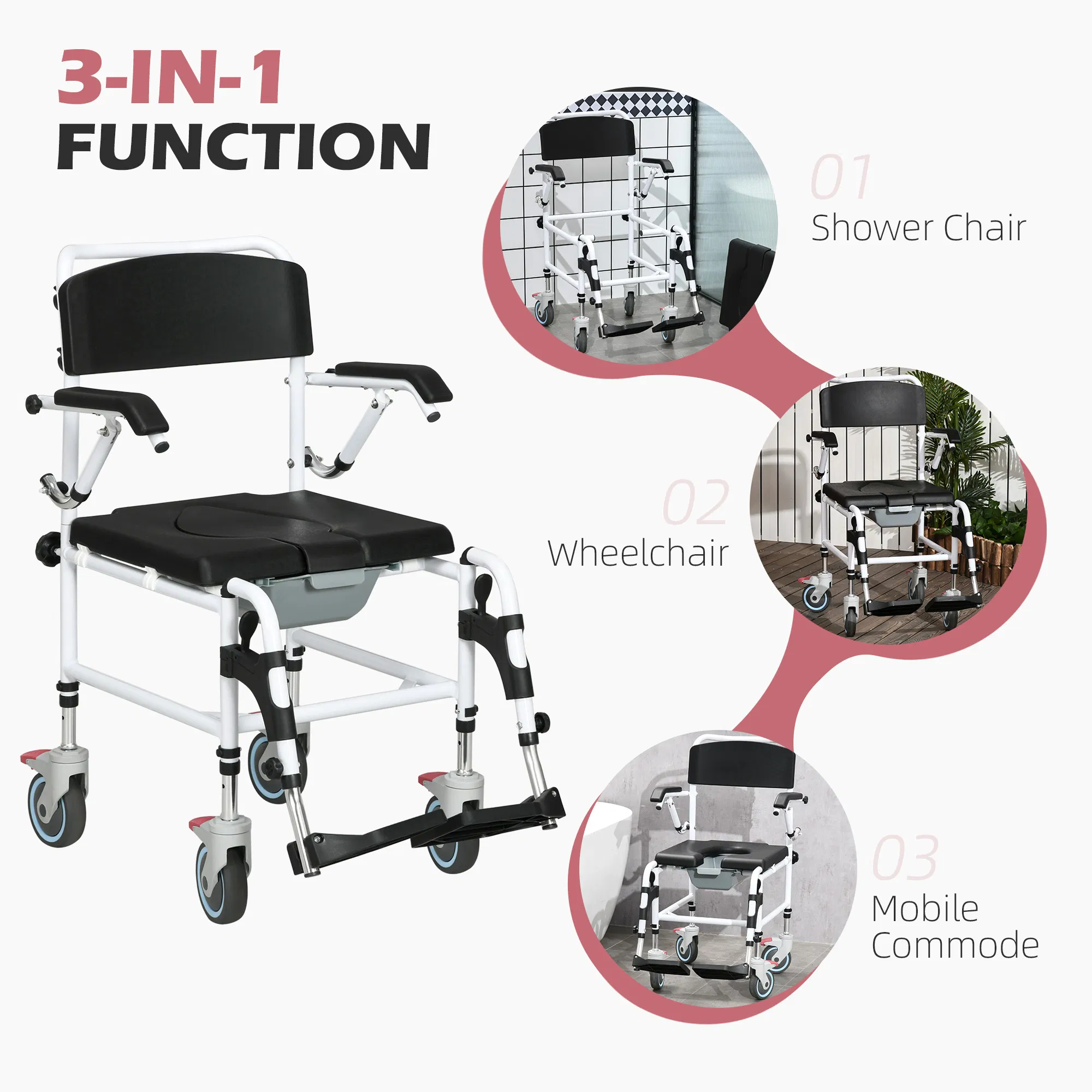 commode wheelchair, rolling shower wheelchair with wheels, rectangle detachable bucket & waterproof design, 300 lbs