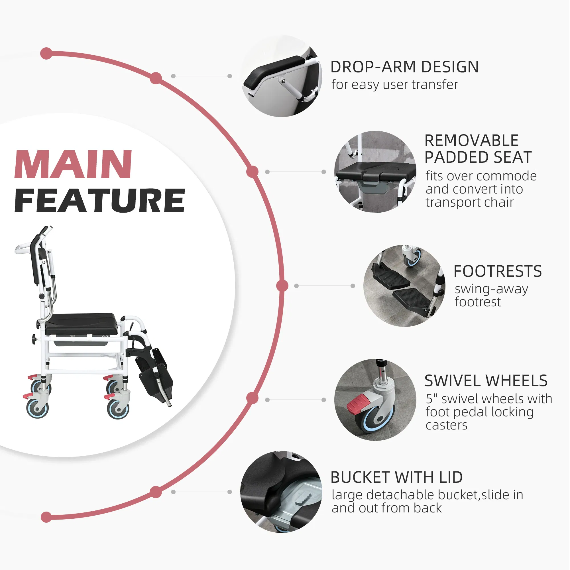 commode wheelchair, rolling shower wheelchair with wheels, rectangle detachable bucket & waterproof design, 300 lbs
