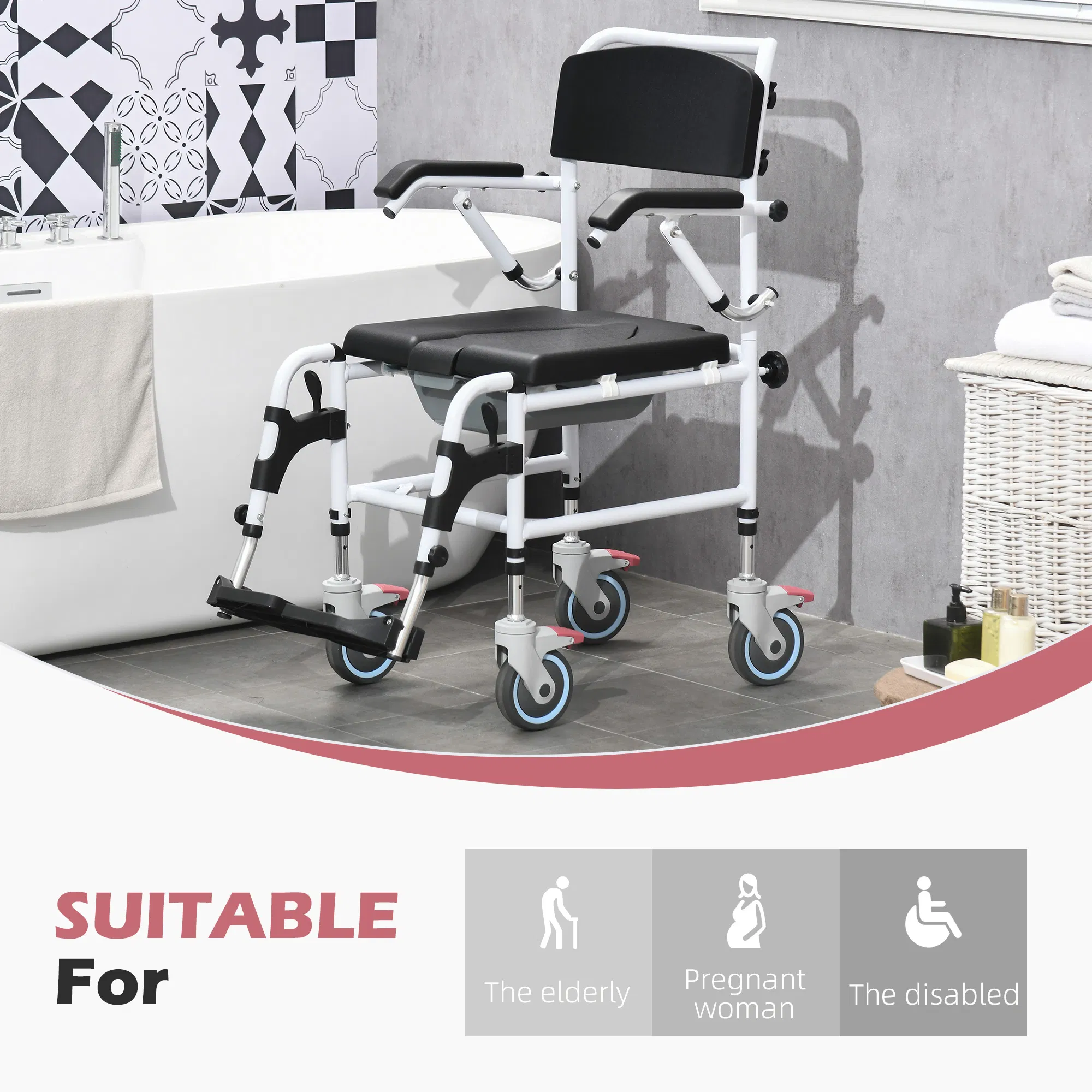 commode wheelchair, rolling shower wheelchair with wheels, rectangle detachable bucket & waterproof design, 300 lbs