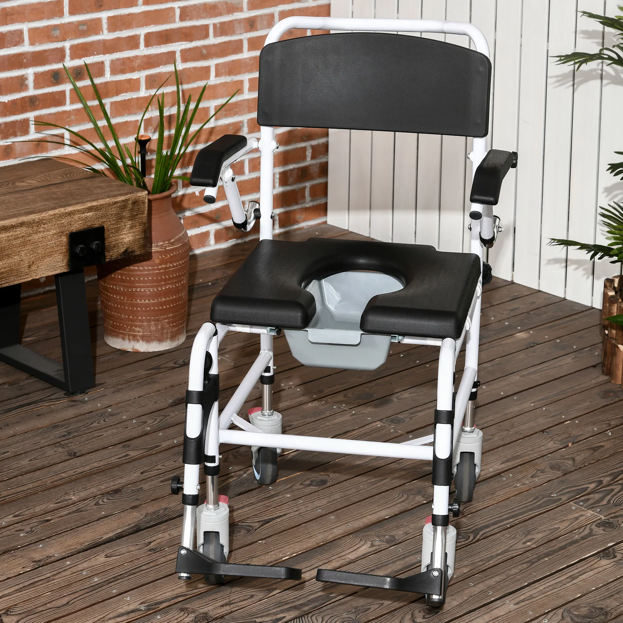 commode wheelchair, rolling shower wheelchair with wheels, rectangle detachable bucket & waterproof design, 300 lbs