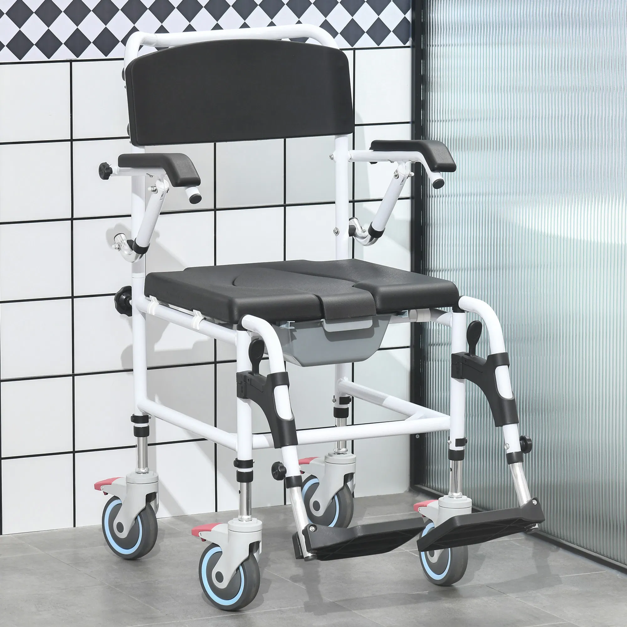commode wheelchair, rolling shower wheelchair with wheels, rectangle detachable bucket & waterproof design, 300 lbs