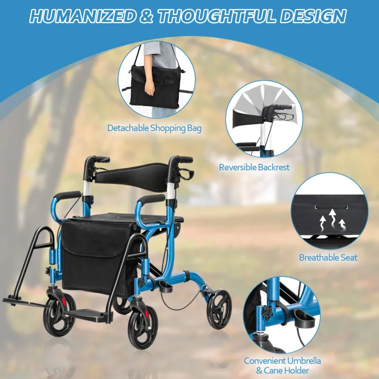 folding rollator walker with 8 inch wheels and seat