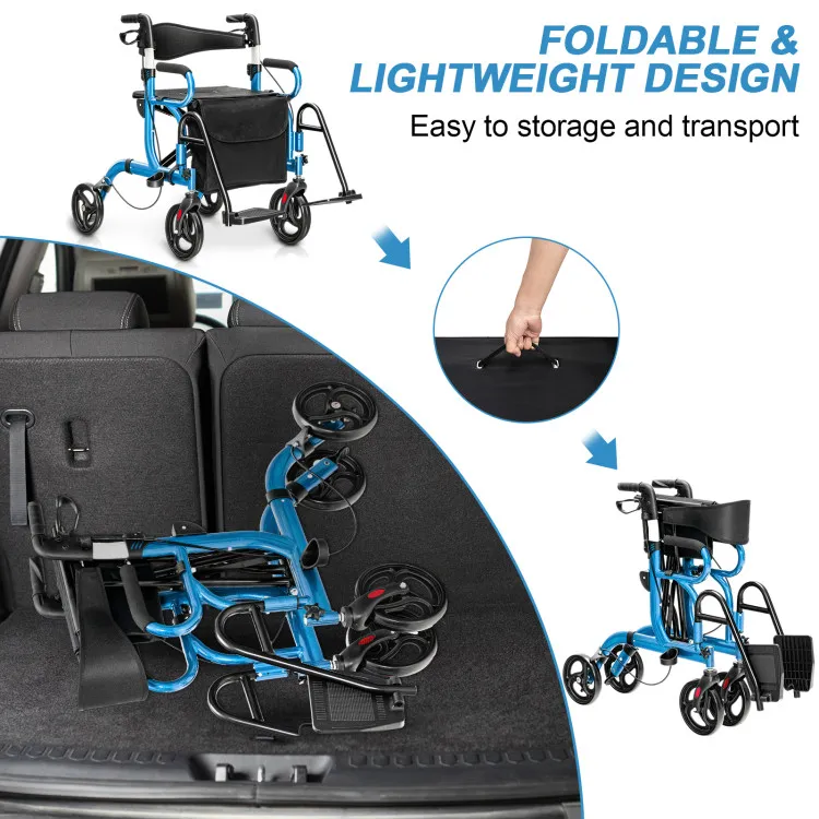 folding rollator walker with 8 inch wheels and seat