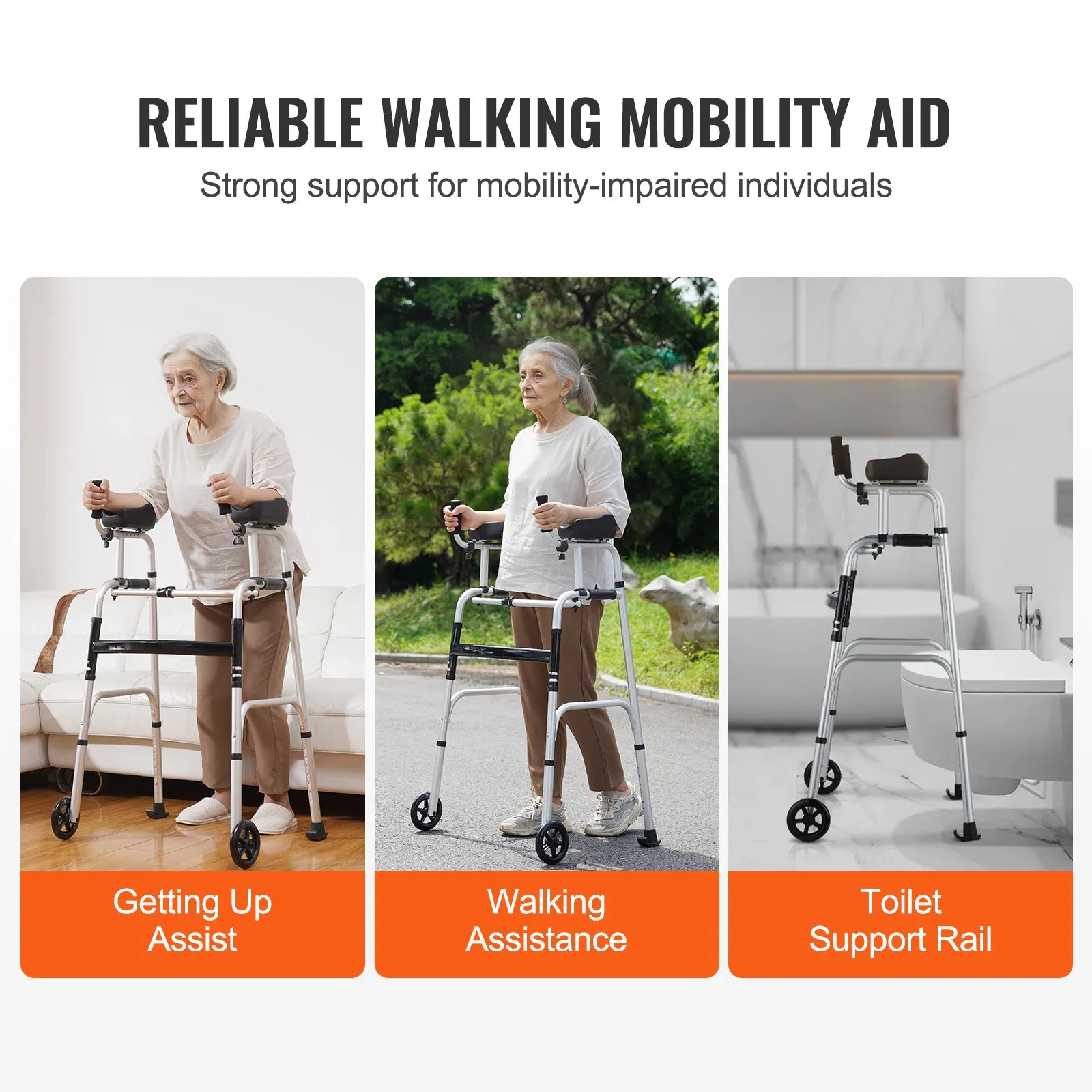 vevor 2 in 1 folding walker & removable armrests, height adjustable foldable walker with 5" solid wheels, lightweight aluminum | front wheeled mobility aid for elderly handicapped disabled, 450 pounds