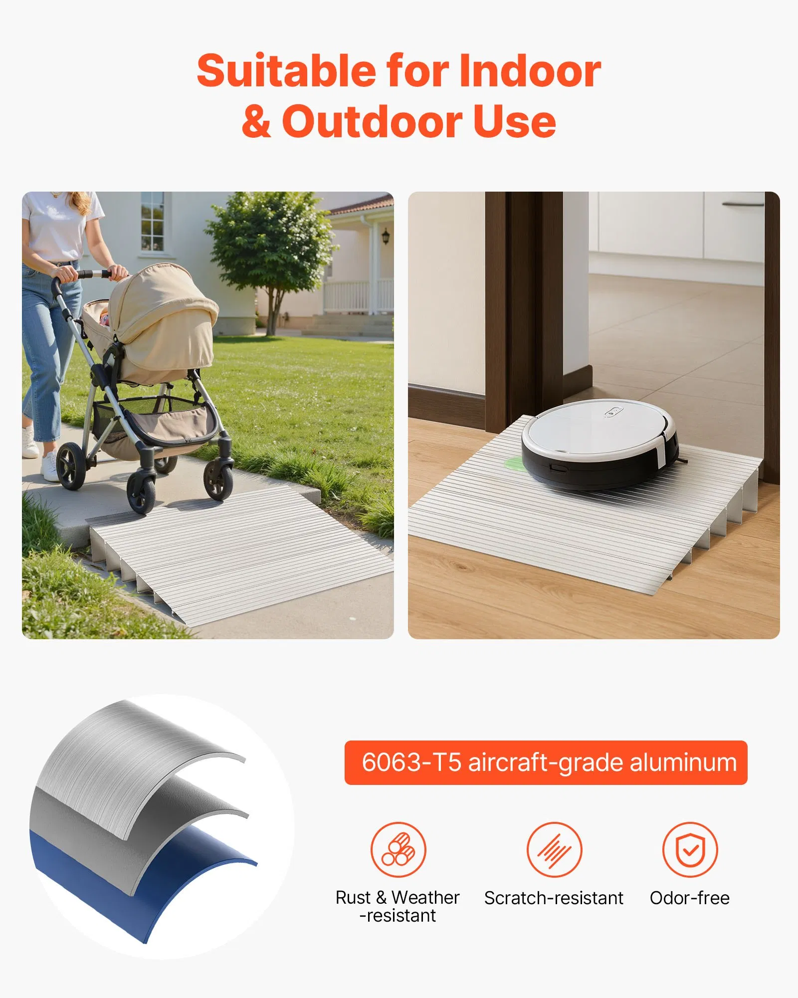 vevor door threshold ramp, 6 inch rise, aluminum alloy threshold ramp rated 800 lbs load capacity, handicap ramps for home steps for wheelchair, scooters, power chairs, walkers, bicycle, tricycle