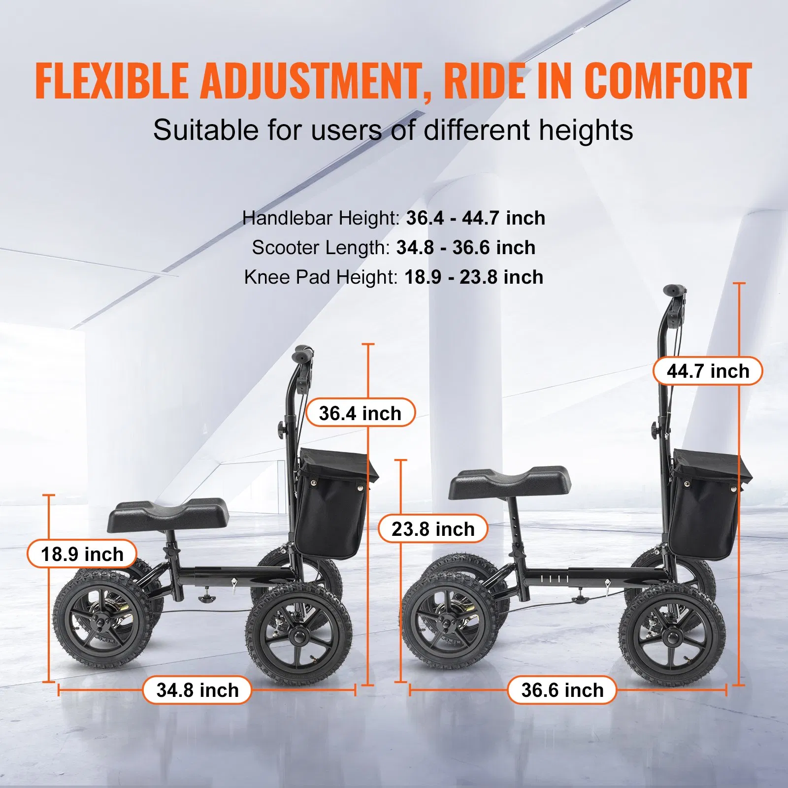 vevor folding knee scooter, aluminum steerable knee walker with height adjustable handlebar & knee pad, 12" all terrain wheels, dual brakes, leg recovery scooter for broken ankle foot injuries, 350lbs