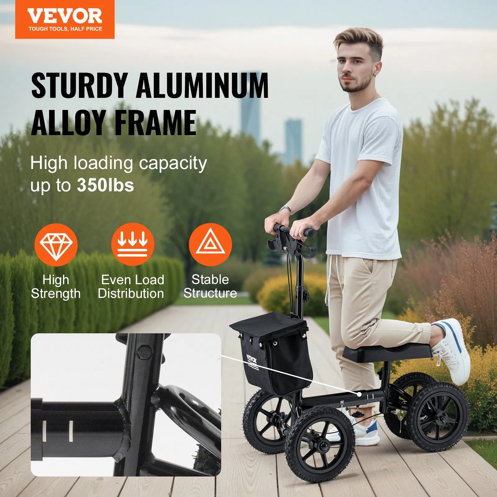 vevor folding knee scooter, aluminum steerable knee walker with height adjustable handlebar & knee pad, 12" all terrain wheels, dual brakes, leg recovery scooter for broken ankle foot injuries, 350lbs