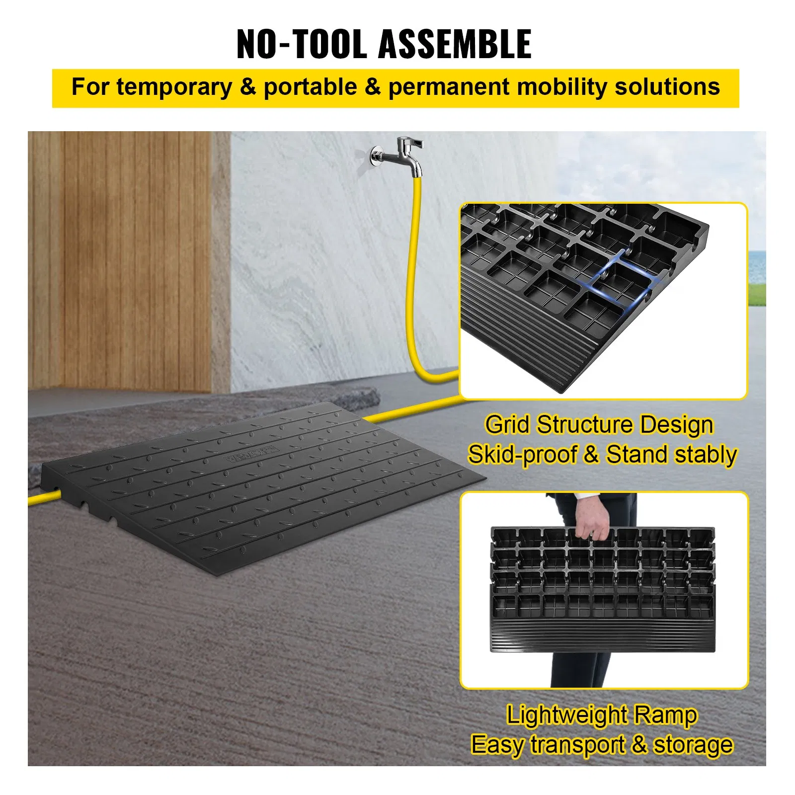 vevor rubber threshold ramp, 2.6" rise threshold ramp doorway, 3 channels cord cover rubber solid threshold ramp, rubber angled entry rated 2202 lbs load capacity for wheelchair and scoote