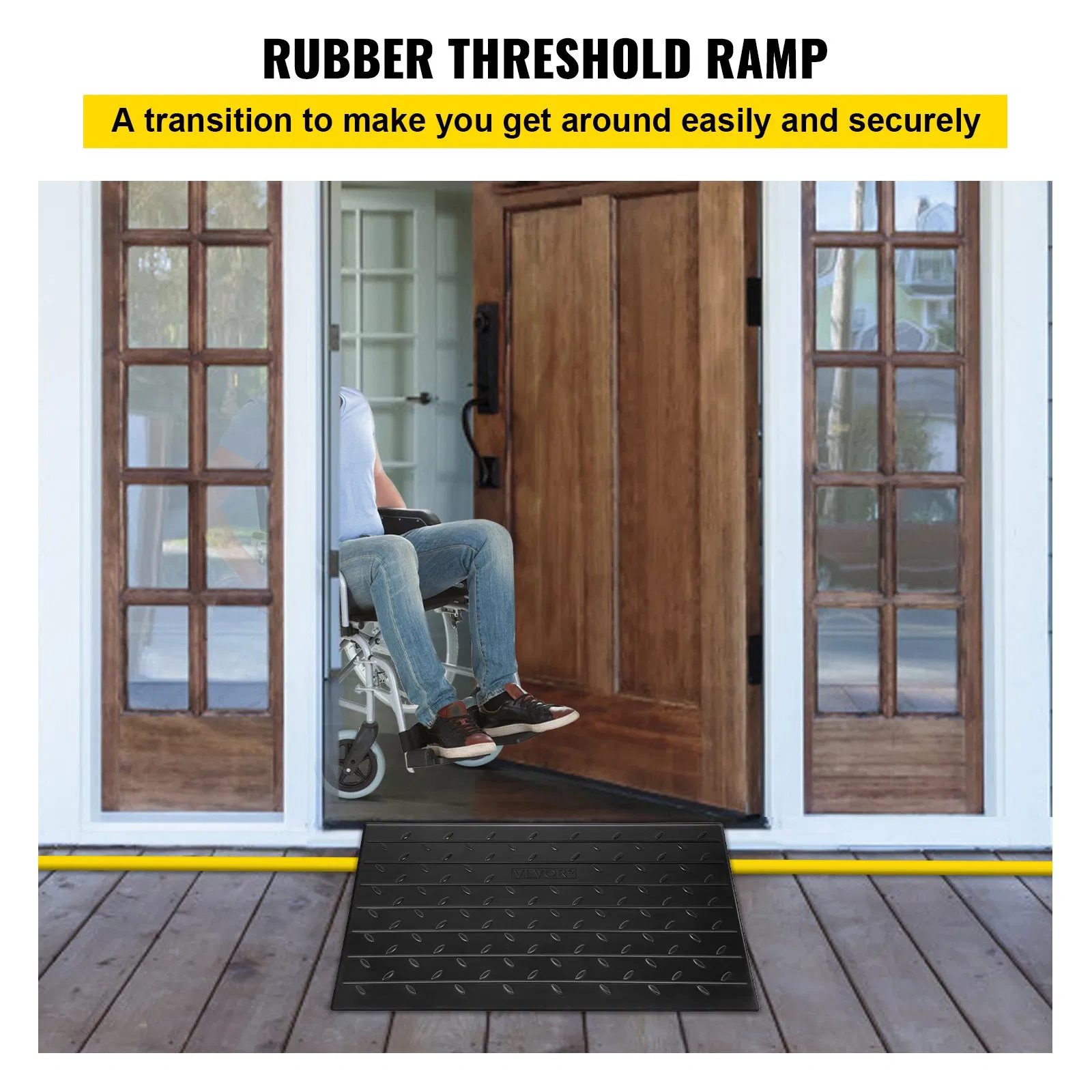 vevor rubber threshold ramp, 2.6" rise threshold ramp doorway, 3 channels cord cover rubber solid threshold ramp, rubber angled entry rated 2202 lbs load capacity for wheelchair and scoote