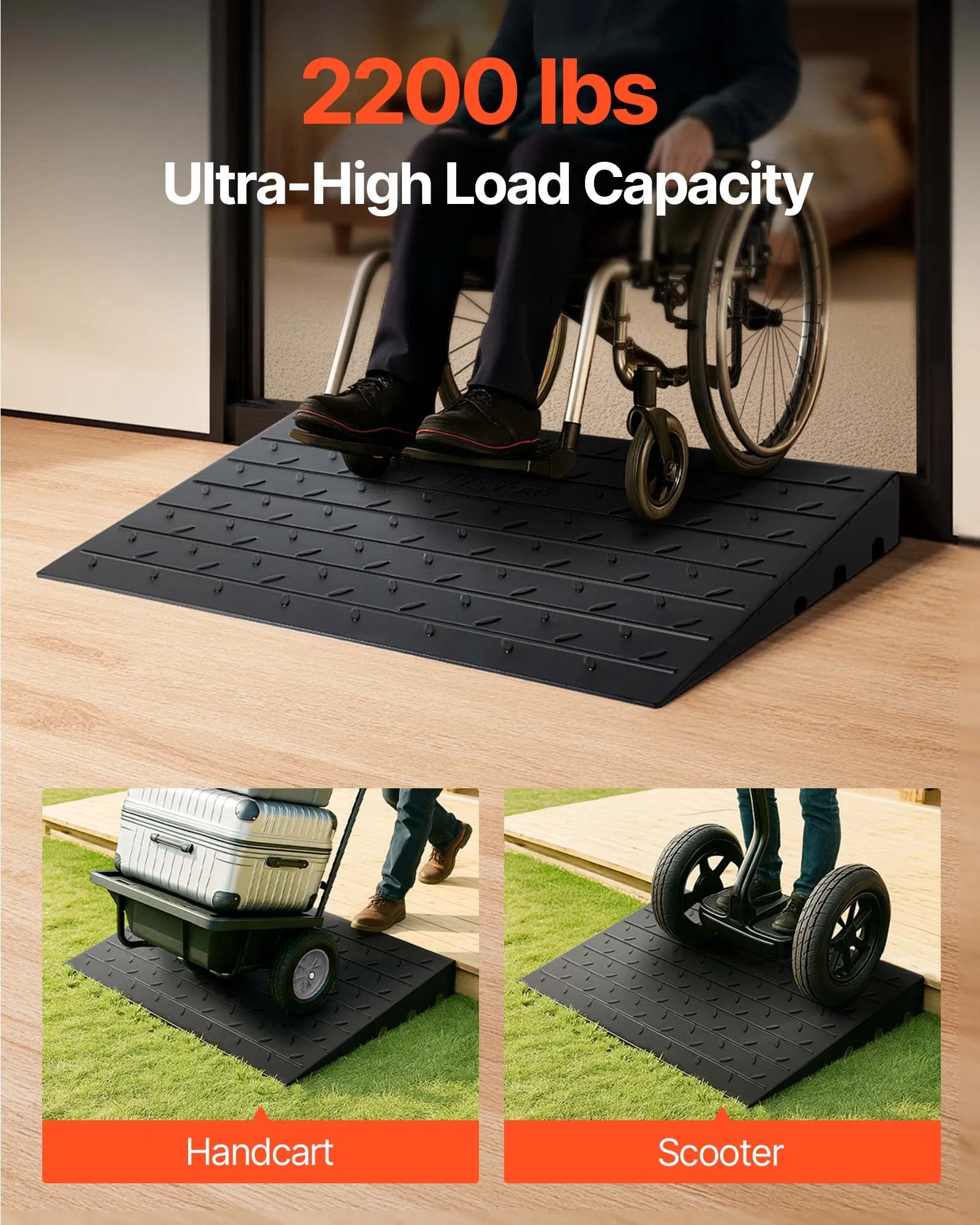 vevor rubber threshold ramp, 4" rise threshold ramp doorway, 3 channels cord cover rubber solid threshold ramp, rubber angled entry rated 2200 lbs load capacity for wheelchair and scooter