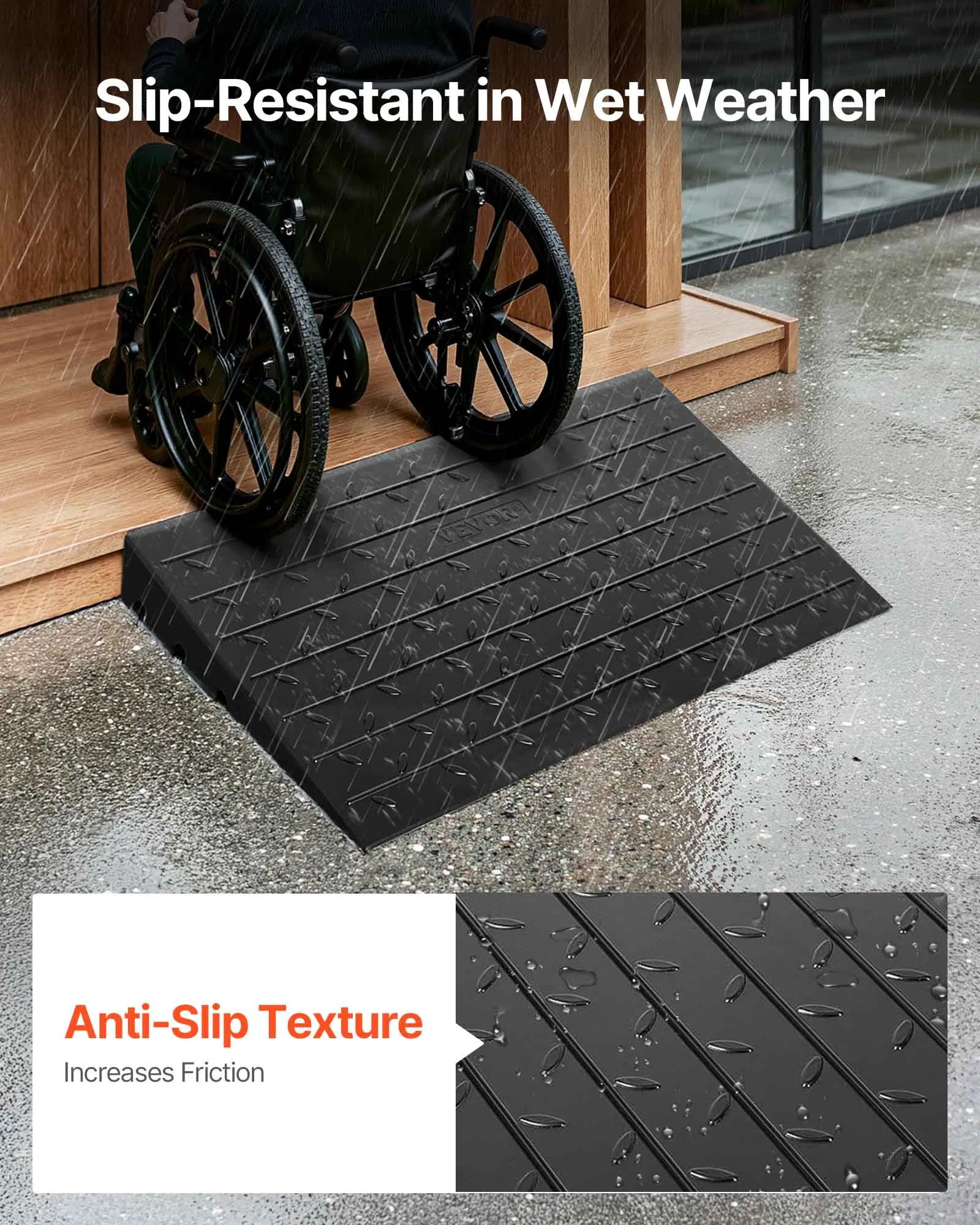 vevor rubber threshold ramp, 4" rise threshold ramp doorway, 3 channels cord cover rubber solid threshold ramp, rubber angled entry rated 2200 lbs load capacity for wheelchair and scooter