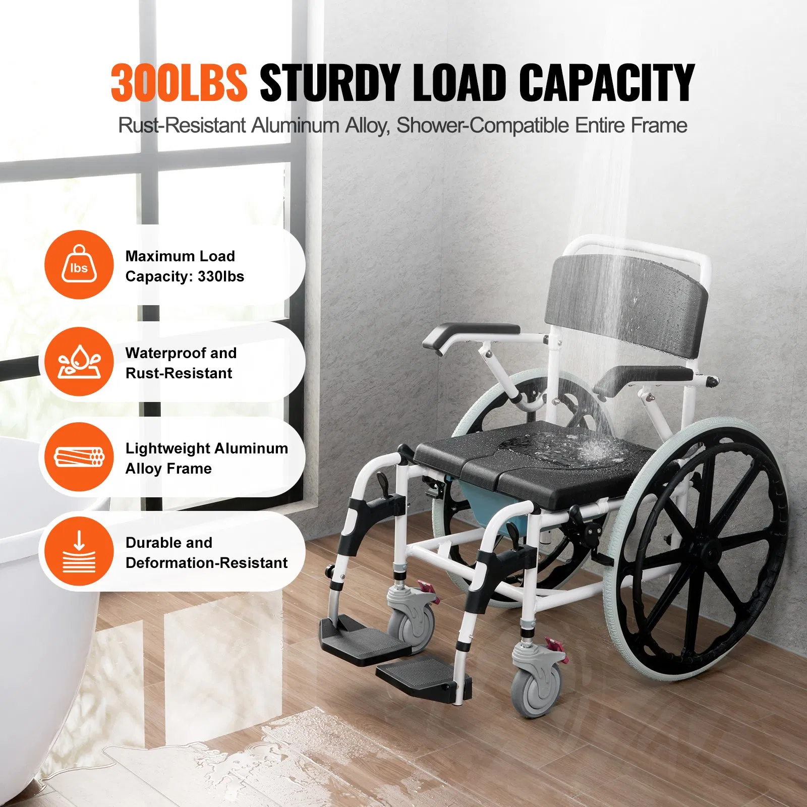 vevor shower wheelchair, 17.5in width aluminum alloy bathroom wheelchair for inside shower, adjustable rolling shower chair w/ brake for disabled adult, 300 lbs capacity shower commode transport chair