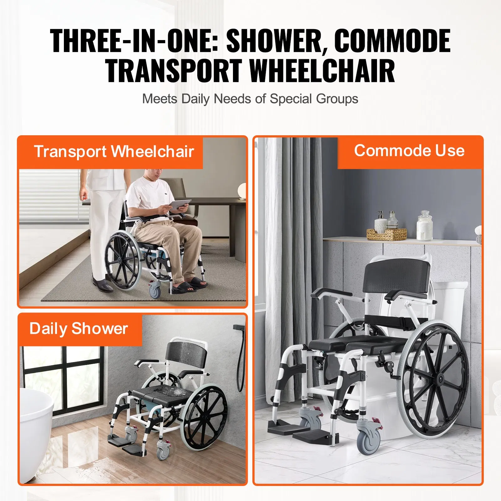 vevor shower wheelchair, 17.5in width aluminum alloy bathroom wheelchair for inside shower, adjustable rolling shower chair w/ brake for disabled adult, 300 lbs capacity shower commode transport chair