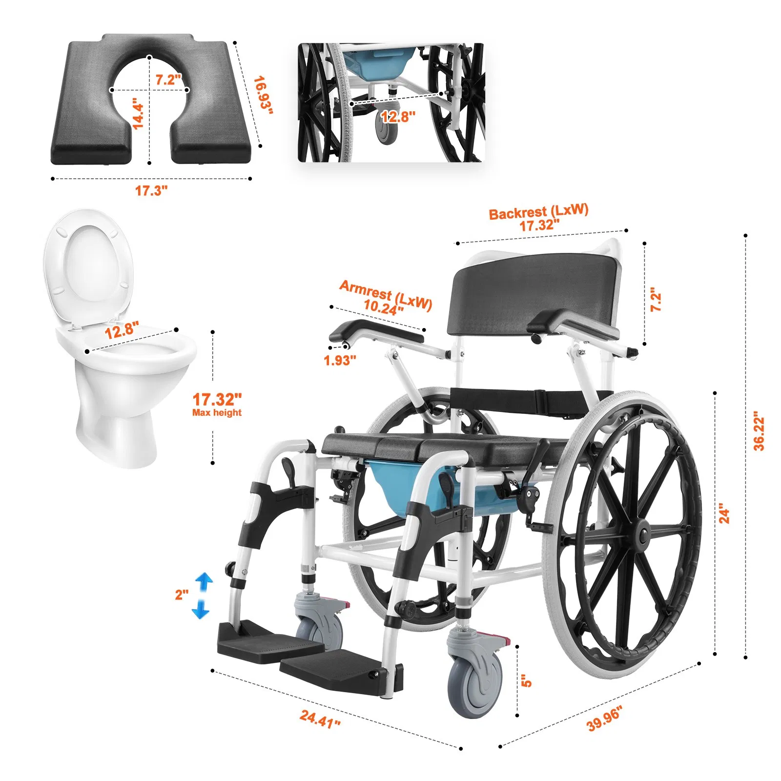 vevor shower wheelchair, 17.5in width aluminum alloy bathroom wheelchair for inside shower, adjustable rolling shower chair w/ brake for disabled adult, 300 lbs capacity shower commode transport chair