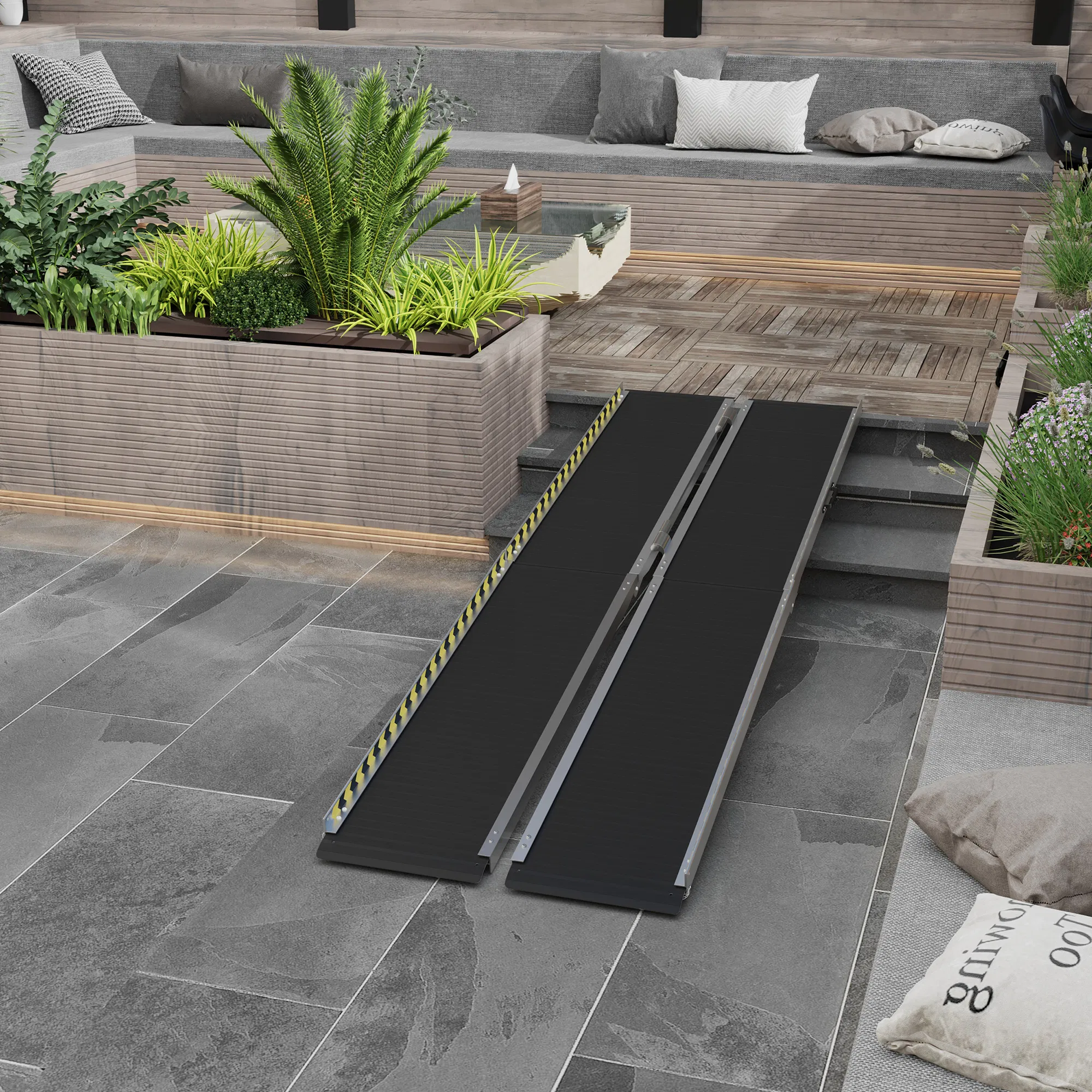 wheelchair ramp, 10ft foldable threshold ramp, aluminum handicap ramp with non slip surface, transition plates above and below for home, doorways, steps, 600lbs capacity