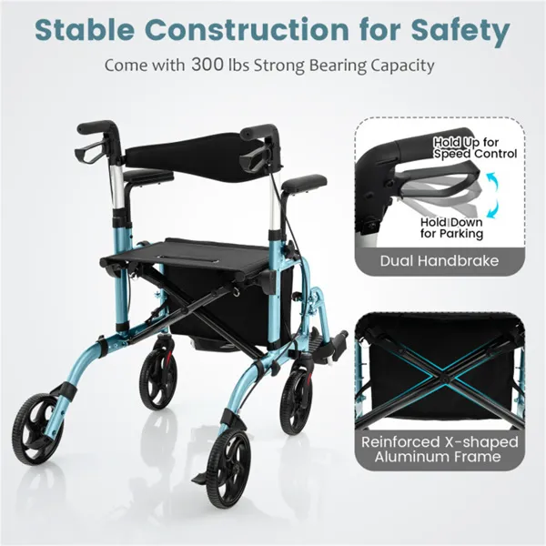 2 in 1 rollator walker & wheelchair (300lbs): 6 level adjustable handles, 1 hand folding, storage bag + cane holder for elderly navy