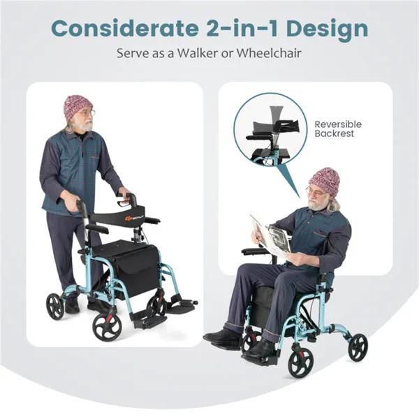 2 in 1 rollator walker & wheelchair (300lbs): 6 level adjustable handles, 1 hand folding, storage bag + cane holder for elderly navy