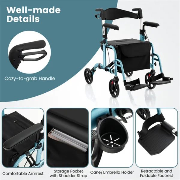 2 in 1 rollator walker & wheelchair (300lbs): 6 level adjustable handles, 1 hand folding, storage bag + cane holder for elderly navy