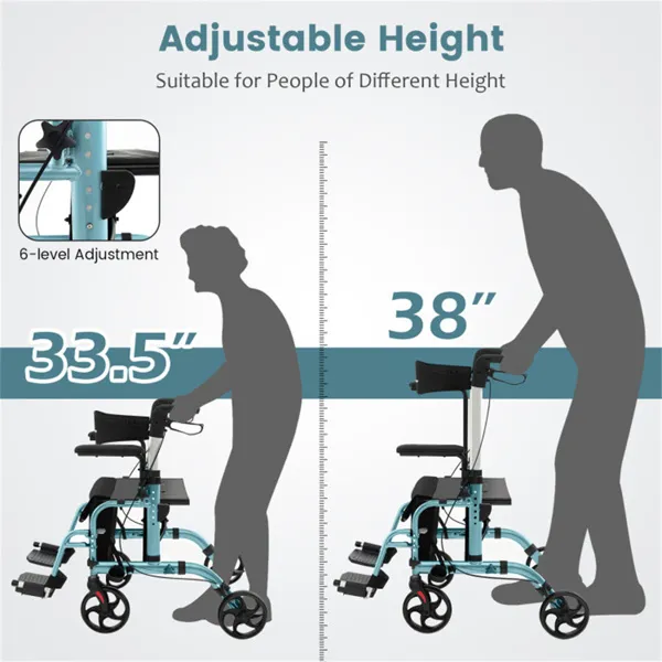 2 in 1 rollator walker & wheelchair (300lbs): 6 level adjustable handles, 1 hand folding, storage bag + cane holder for elderly navy