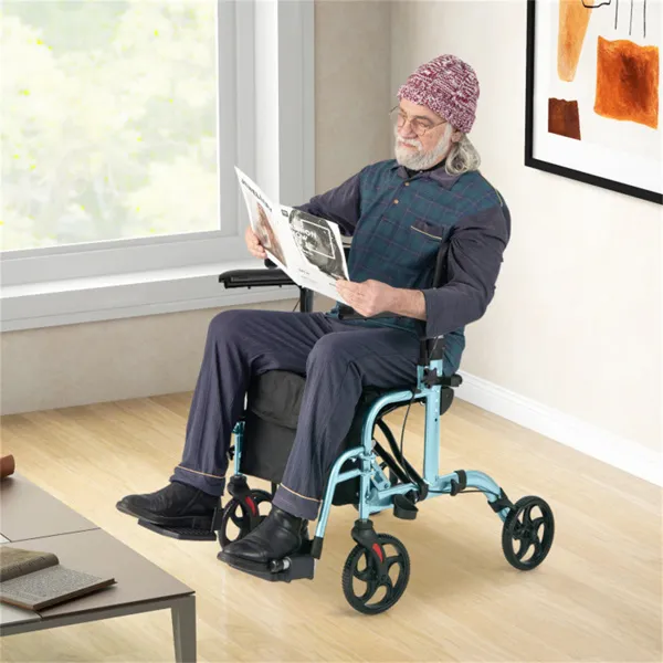 2 in 1 rollator walker & wheelchair (300lbs): 6 level adjustable handles, 1 hand folding, storage bag + cane holder for elderly navy