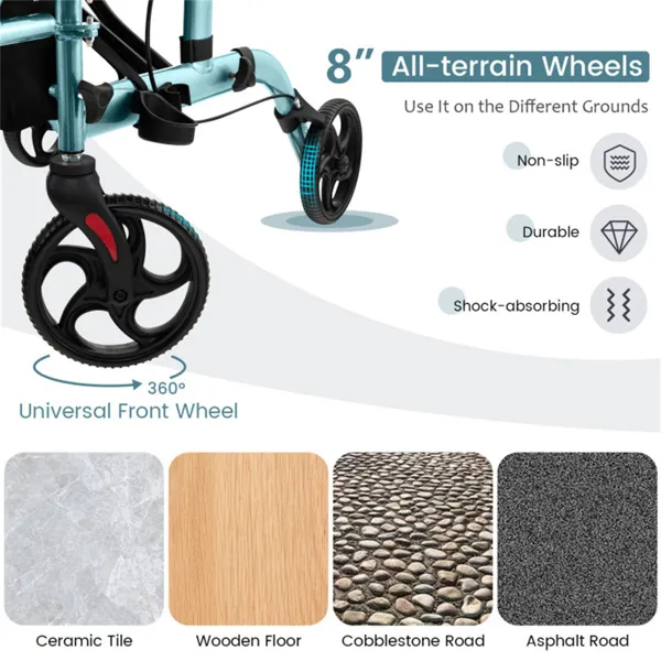 2 in 1 rollator walker & wheelchair (300lbs): 6 level adjustable handles, 1 hand folding, storage bag + cane holder for elderly navy