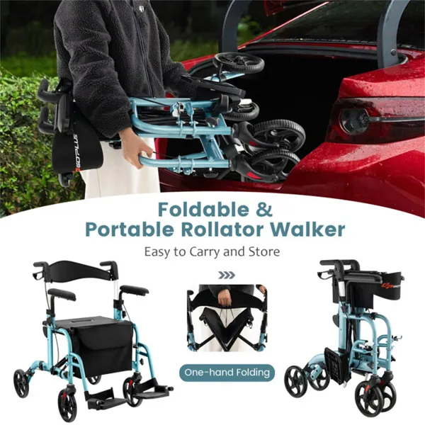 2 in 1 rollator walker & wheelchair (300lbs): 6 level adjustable handles, 1 hand folding, storage bag + cane holder for elderly navy