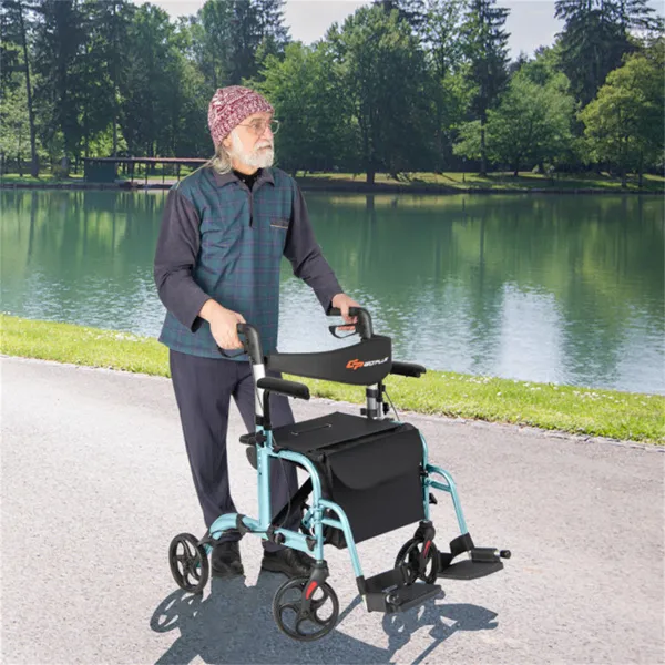 2 in 1 rollator walker & wheelchair (300lbs): 6 level adjustable handles, 1 hand folding, storage bag + cane holder for elderly navy