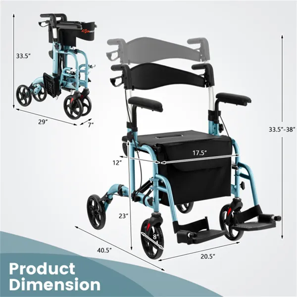 2 in 1 rollator walker & wheelchair (300lbs): 6 level adjustable handles, 1 hand folding, storage bag + cane holder for elderly navy