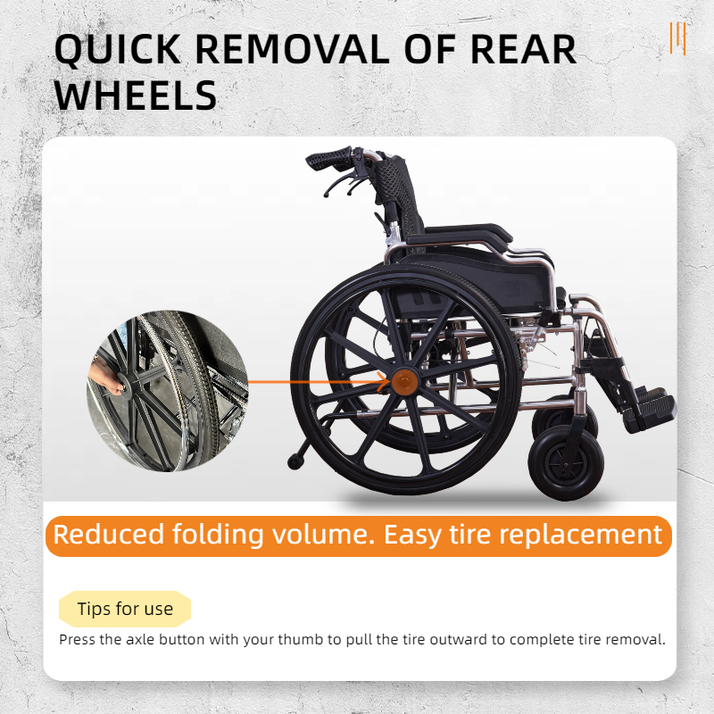 aluminum alloy transport wheelchair. 20" seats. with front and rear locking hand brakes. 24" quick remove rear wheel. bright silver