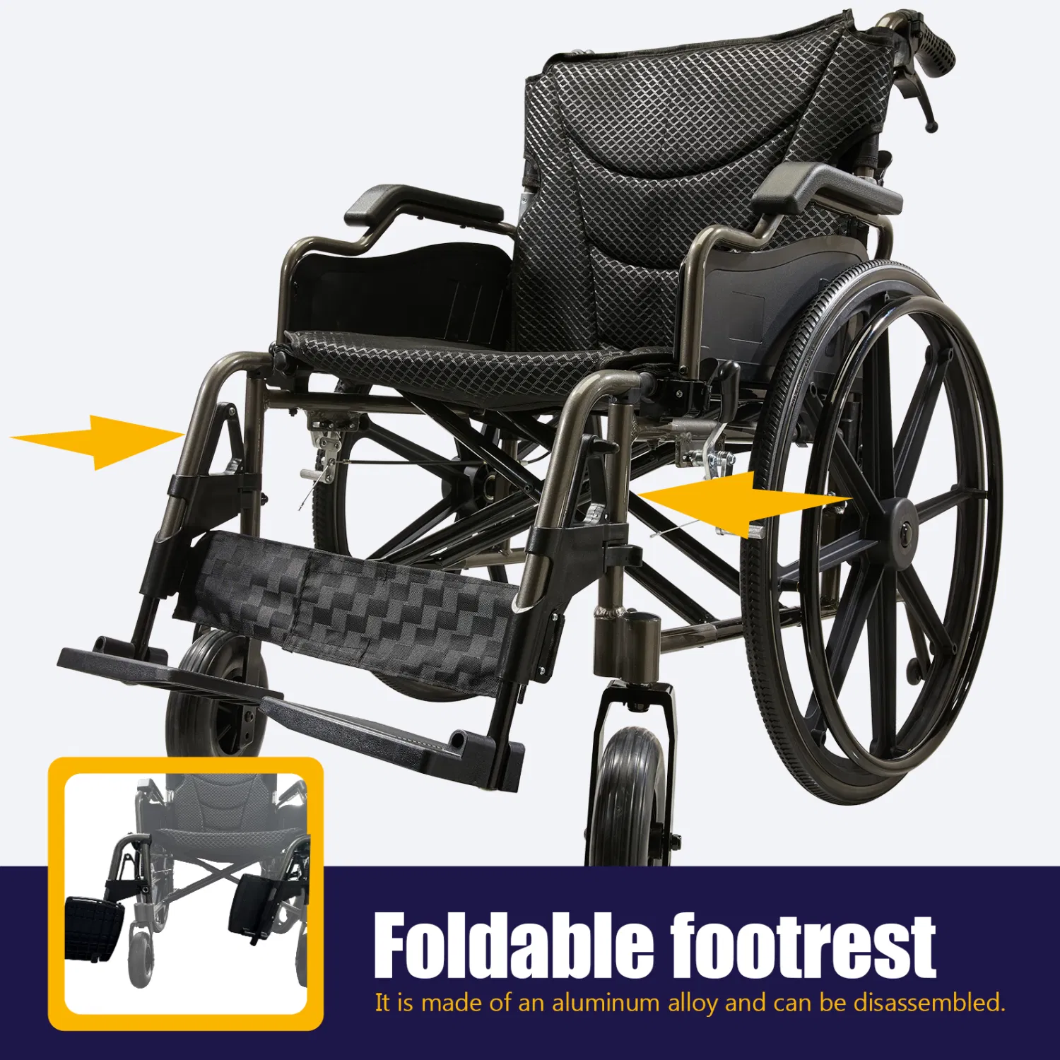 folding manual transport wheelchair, 18" seat with front and rear locking hand brakes, 24" quick release rear wheels, nanometer grey