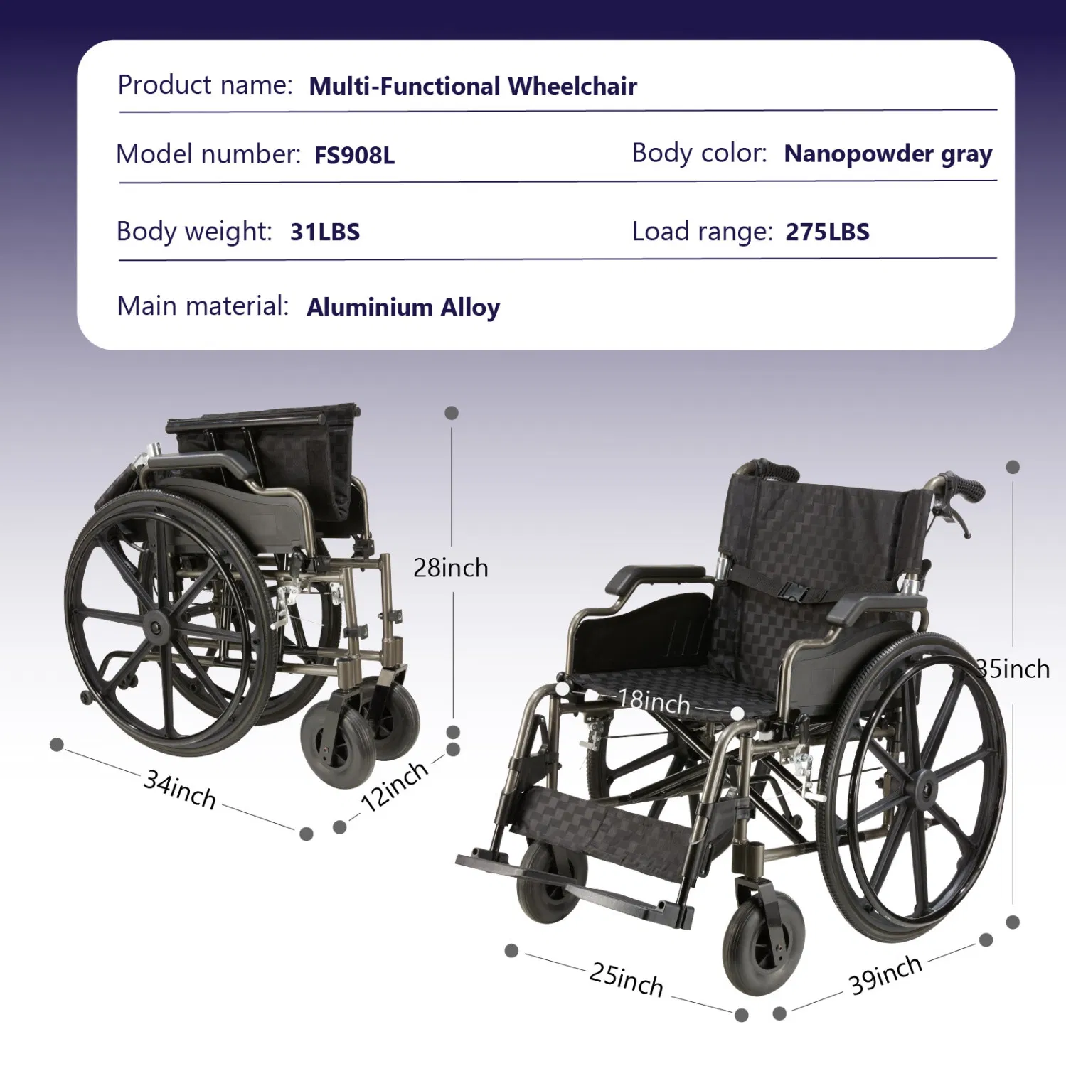 folding manual transport wheelchair, 18" seat with front and rear locking hand brakes, 24" quick release rear wheels, nanometer grey