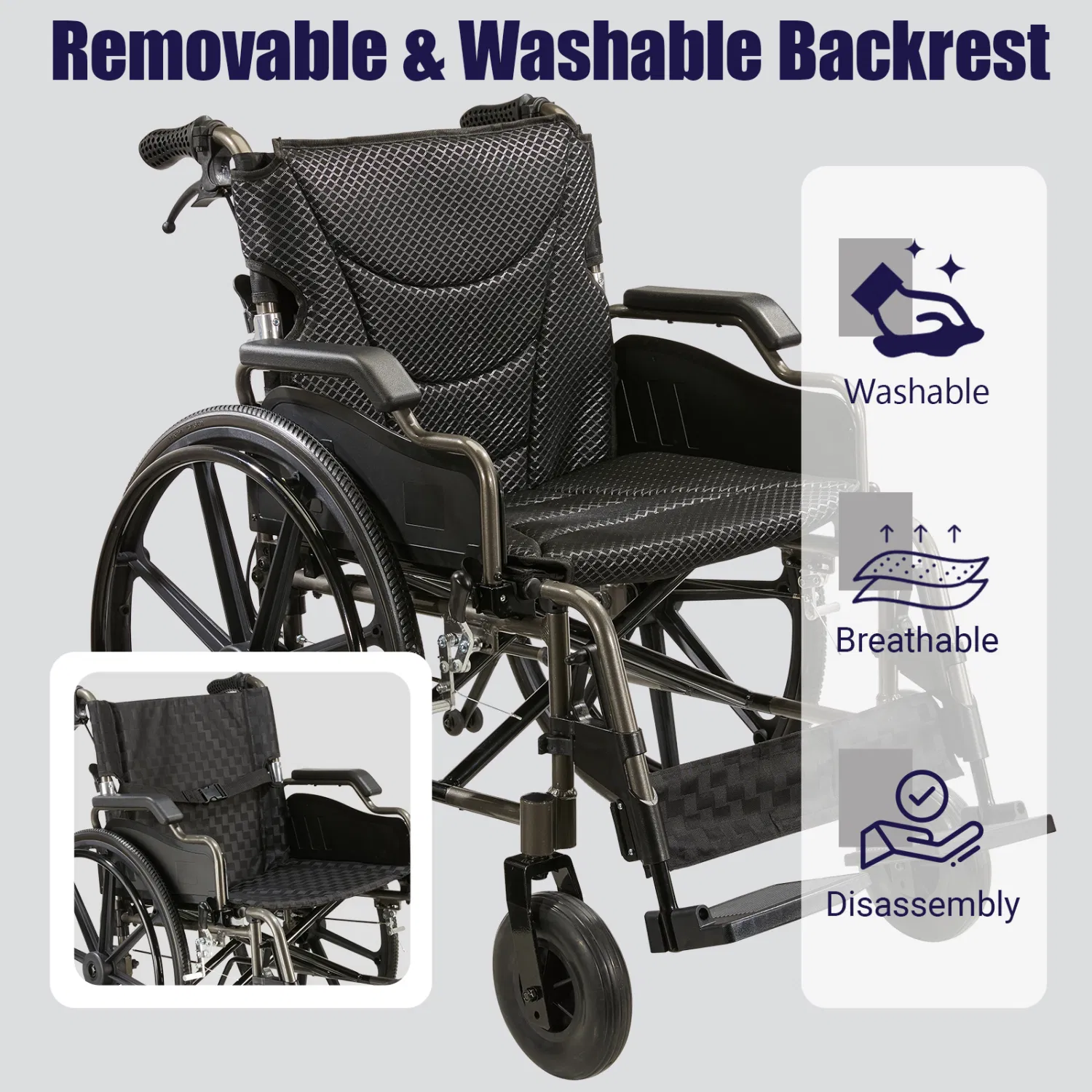 folding manual transport wheelchair, 18" seat with front and rear locking hand brakes, 24" quick release rear wheels, nanometer grey