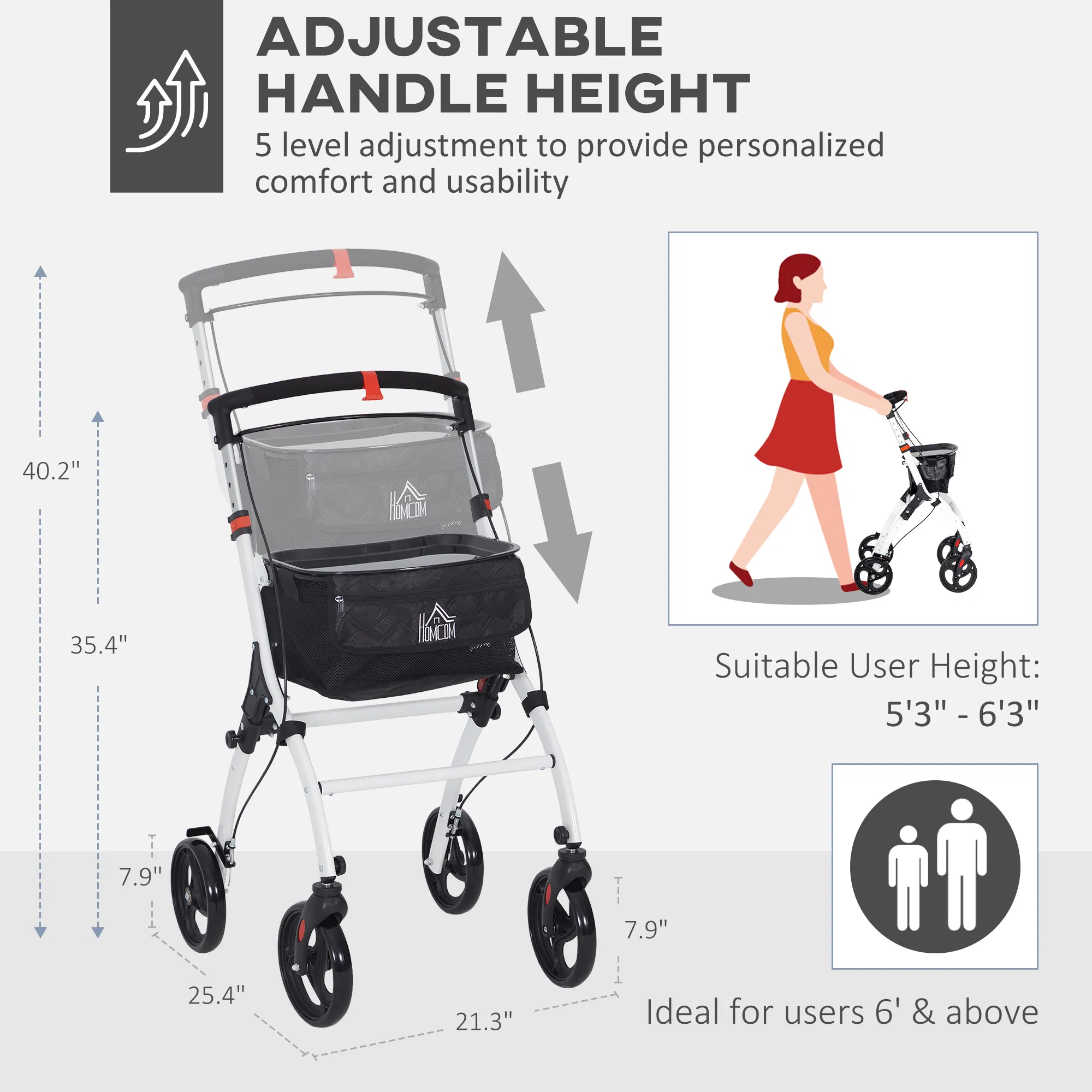 upright walker rollator, rolling walker with storage bag, tray, dual brakes, adjustable height, for seniors, white
