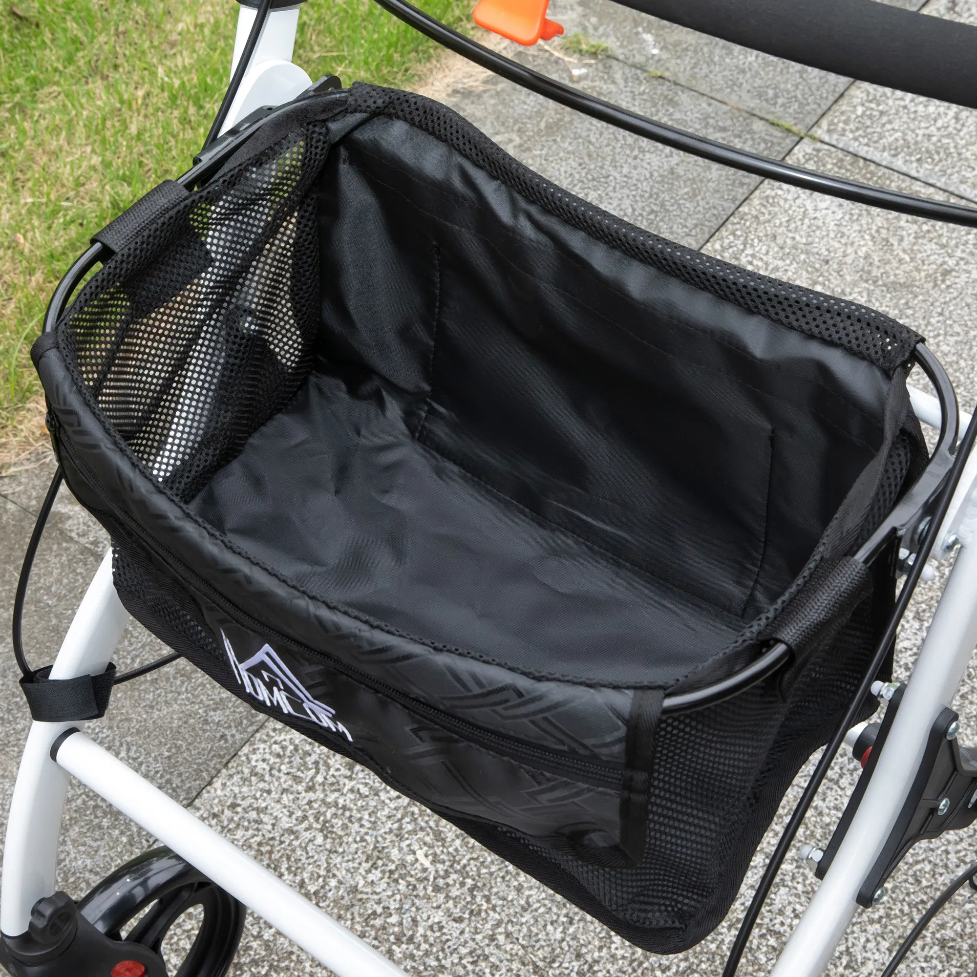 upright walker rollator, rolling walker with storage bag, tray, dual brakes, adjustable height, for seniors, white