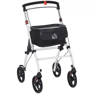 upright walker rollator, rolling walker with storage bag, tray, dual brakes, adjustable height, for seniors, white