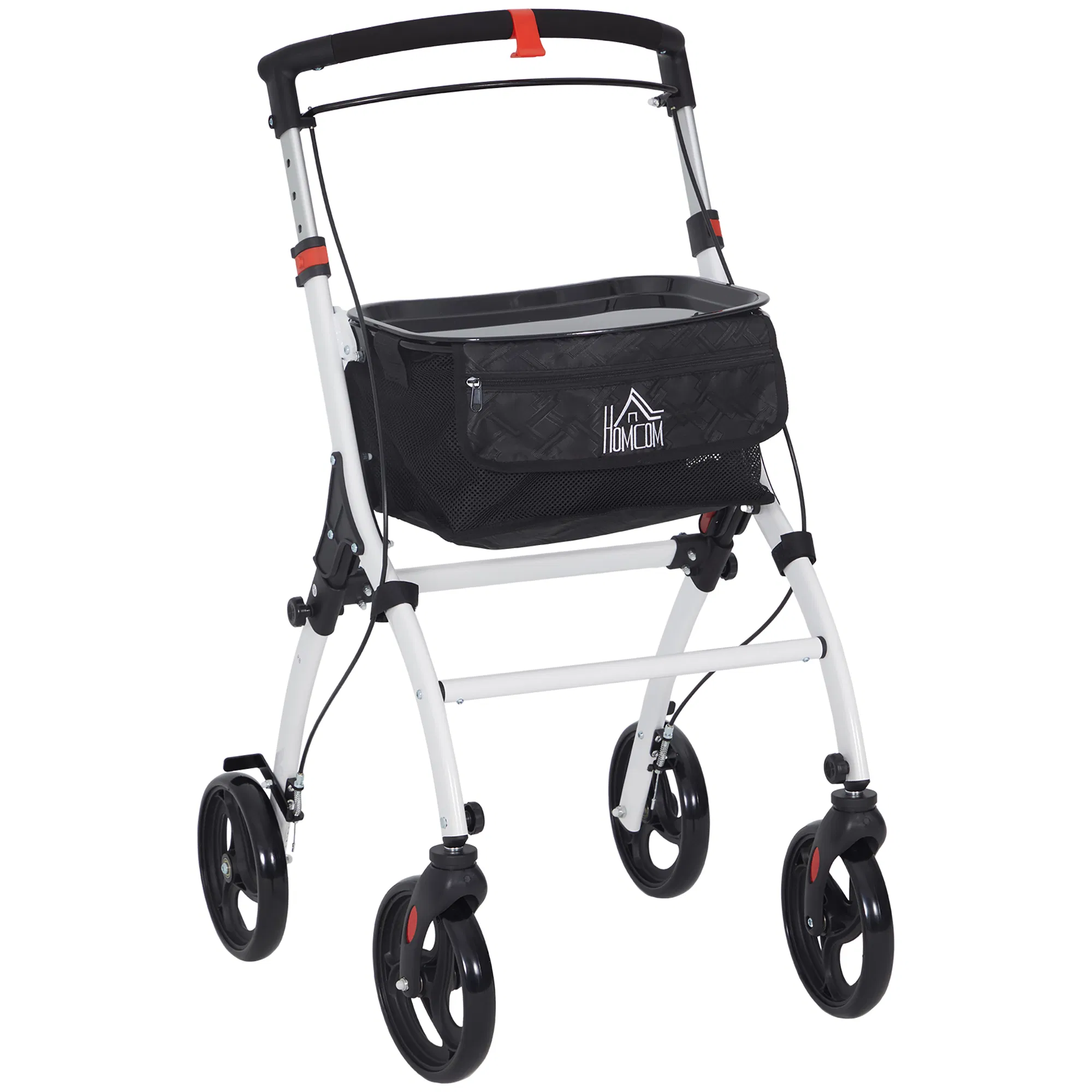 upright walker rollator, rolling walker with storage bag, tray, dual brakes, adjustable height, for seniors, white