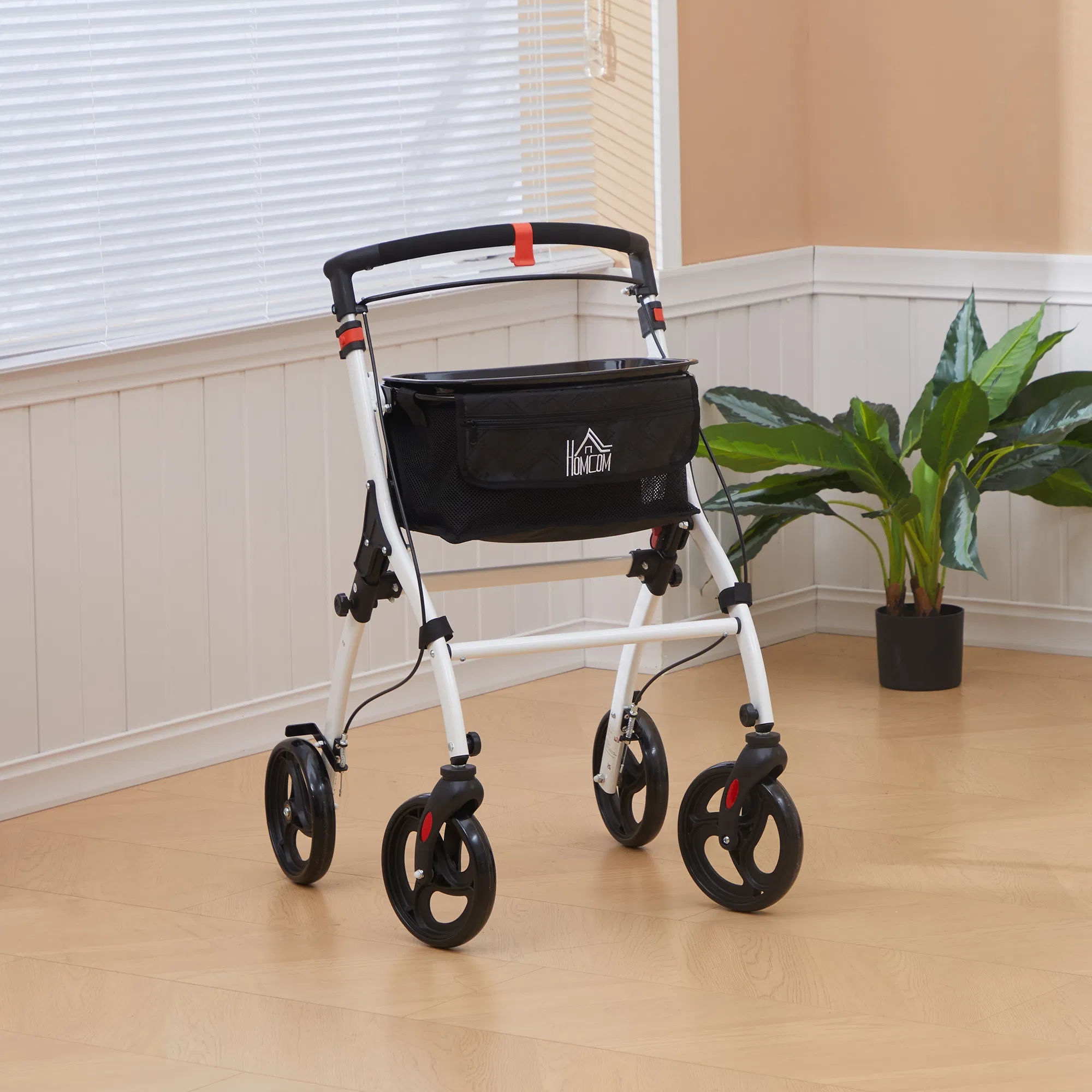 upright walker rollator, rolling walker with storage bag, tray, dual brakes, adjustable height, for seniors, white