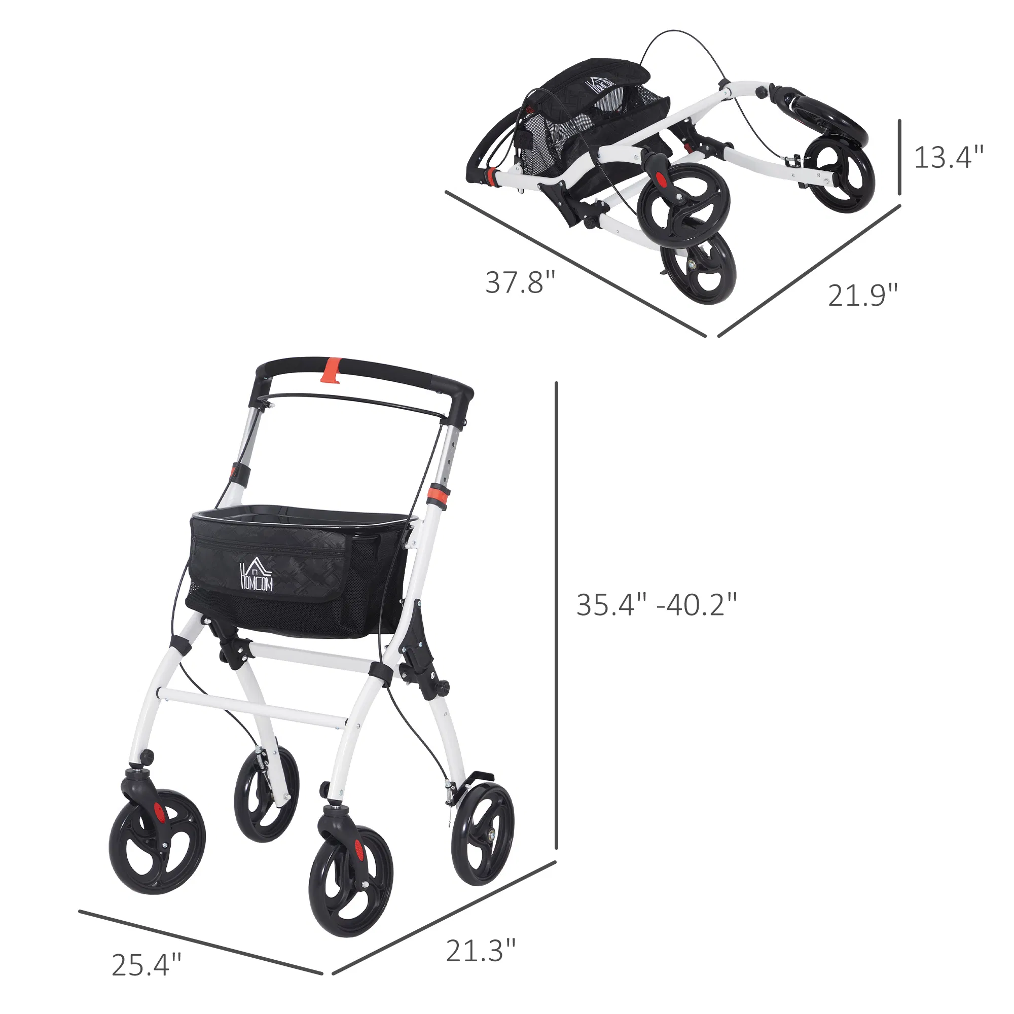upright walker rollator, rolling walker with storage bag, tray, dual brakes, adjustable height, for seniors, white