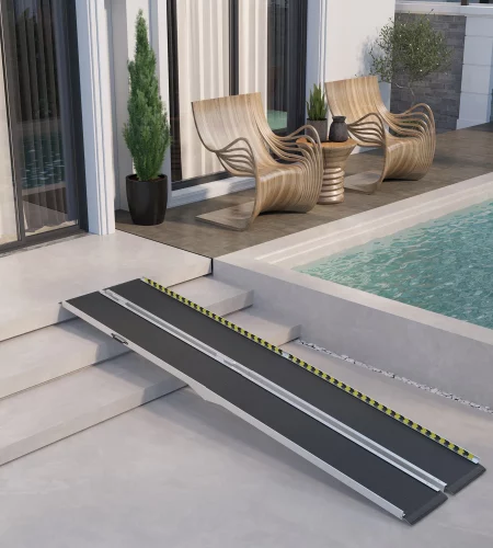 wheelchair ramp, 10ft foldable threshold ramp, aluminum handicap ramp with non slip surface, transition plates above and below for home, doorways, steps, 600lbs capacity